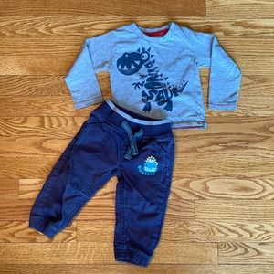 Minoti dinosaur pants and long sleeve shirt, 18M